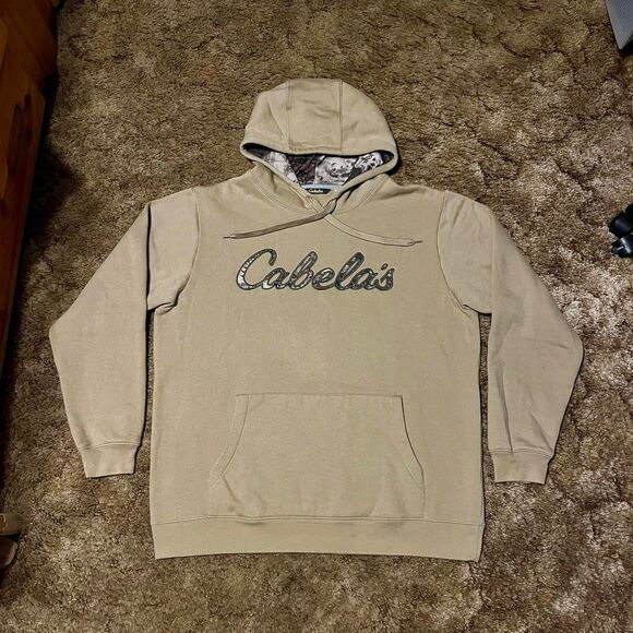 Cabela's Camo Logo Hoodie Beige Mens Large Pullover Sweatshirt Fleece Hunting - Picture 1 of 5